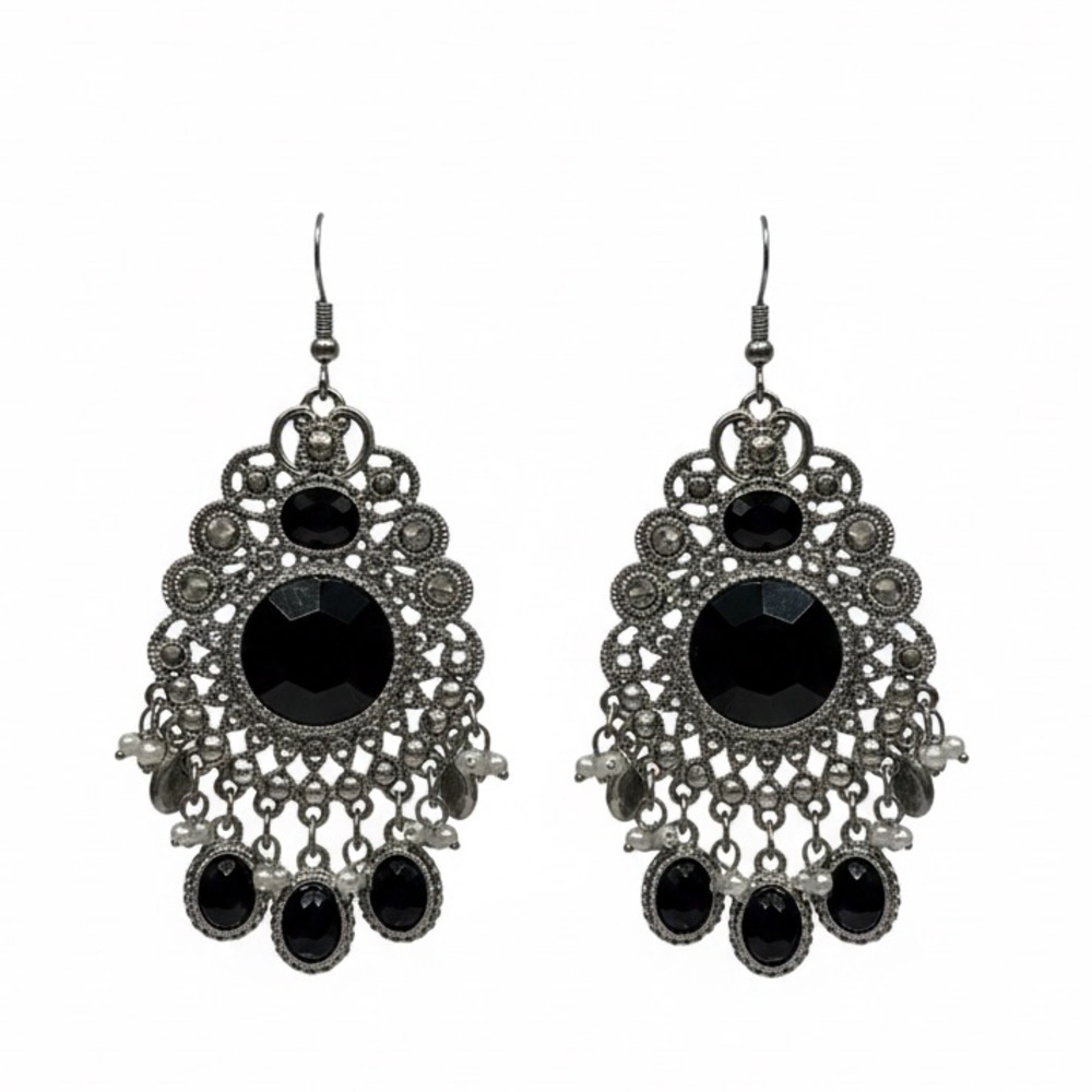 Boho Statement Filigree Chandelier Earrings with Onyx-Black Crystals
